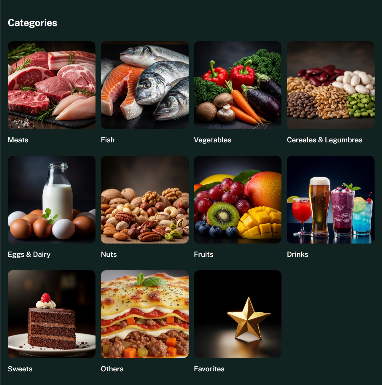Categorías de alimentos en Glynu